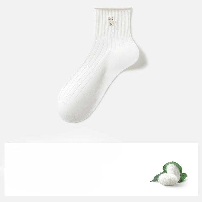 

Washan Silk Stockings - Children s Style Short Socks, Summer Light Style with Embroidery and Rolled Edges, Women s Unlined White Stockings 1 pair белый