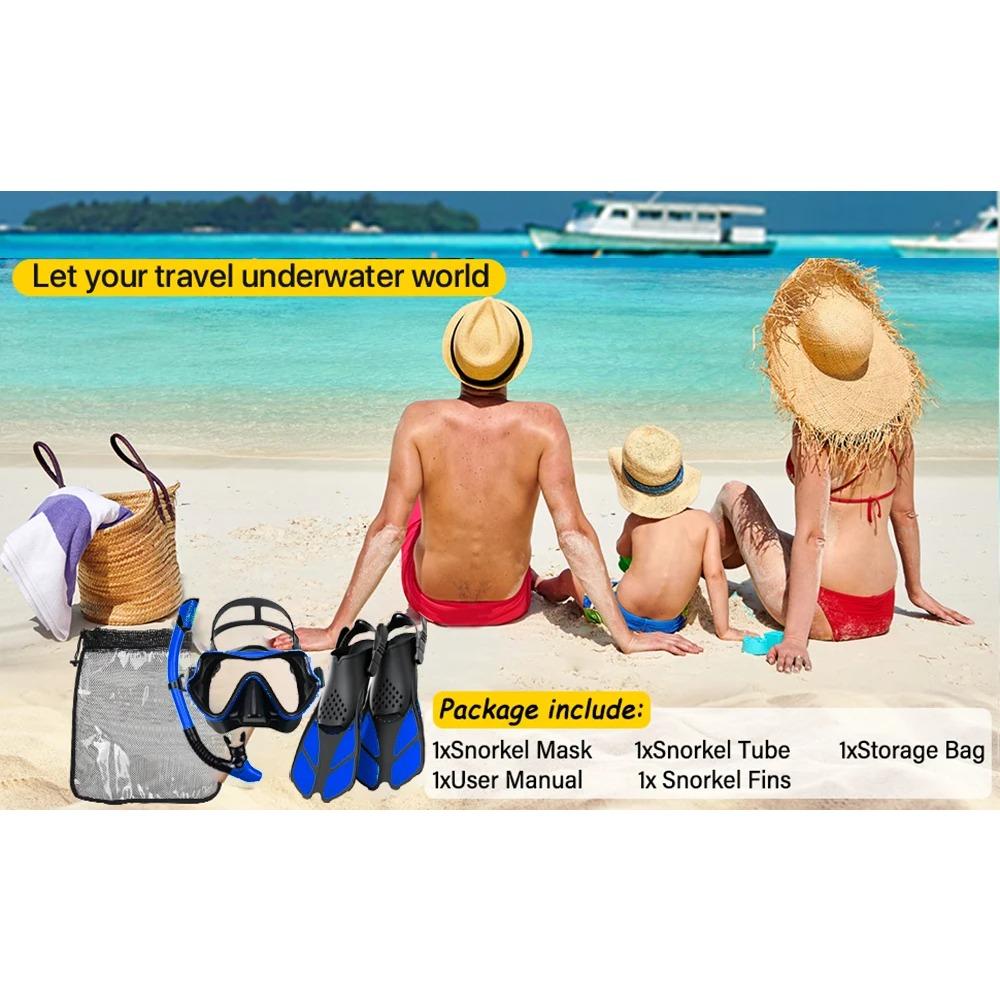 Mask Fin Snorkel Set Snorkel Gear for Adult Panoramic View Snorkel Mask Adjustable Dive Flipper Dry Top Snorkel and Travel Bag