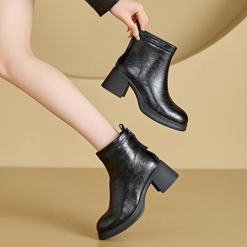 Fall/Winter Women's Thick-Soled Genuine Leather Skinny Boots, Korean-Style Back Zipper Martin Boots, Slip-On Casual Shoes