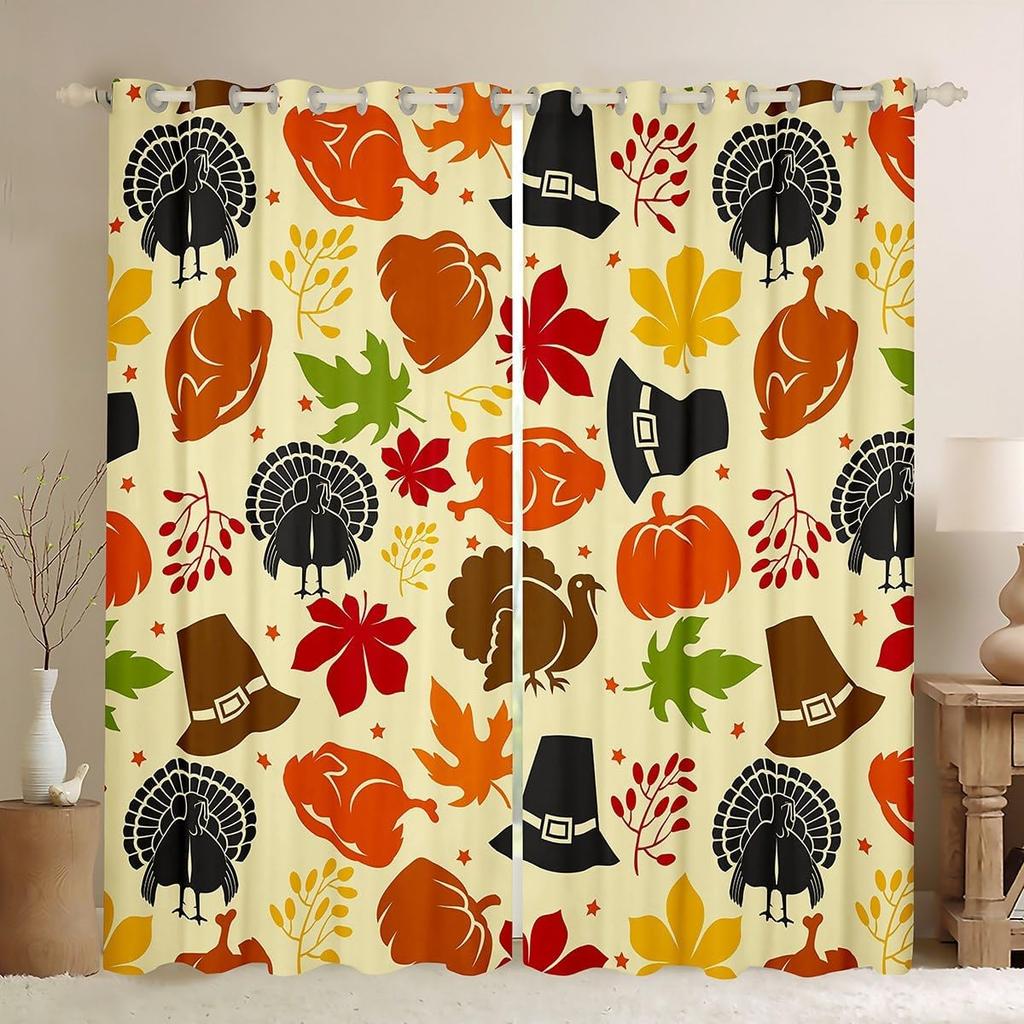 Herbst Kürbis Gardinen Vorhänge Halloween Thema Vorhänge Schlafzimmer Wohnzimmer Ahornblätter Festival Fensterdekorationen Polyester Waschbar Sitzfertig