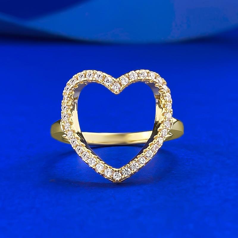 New S925 Silver Yellow Hollow Heart Ring Set with Love, Small and Elegant, Women's Niche Wedding Jewelry