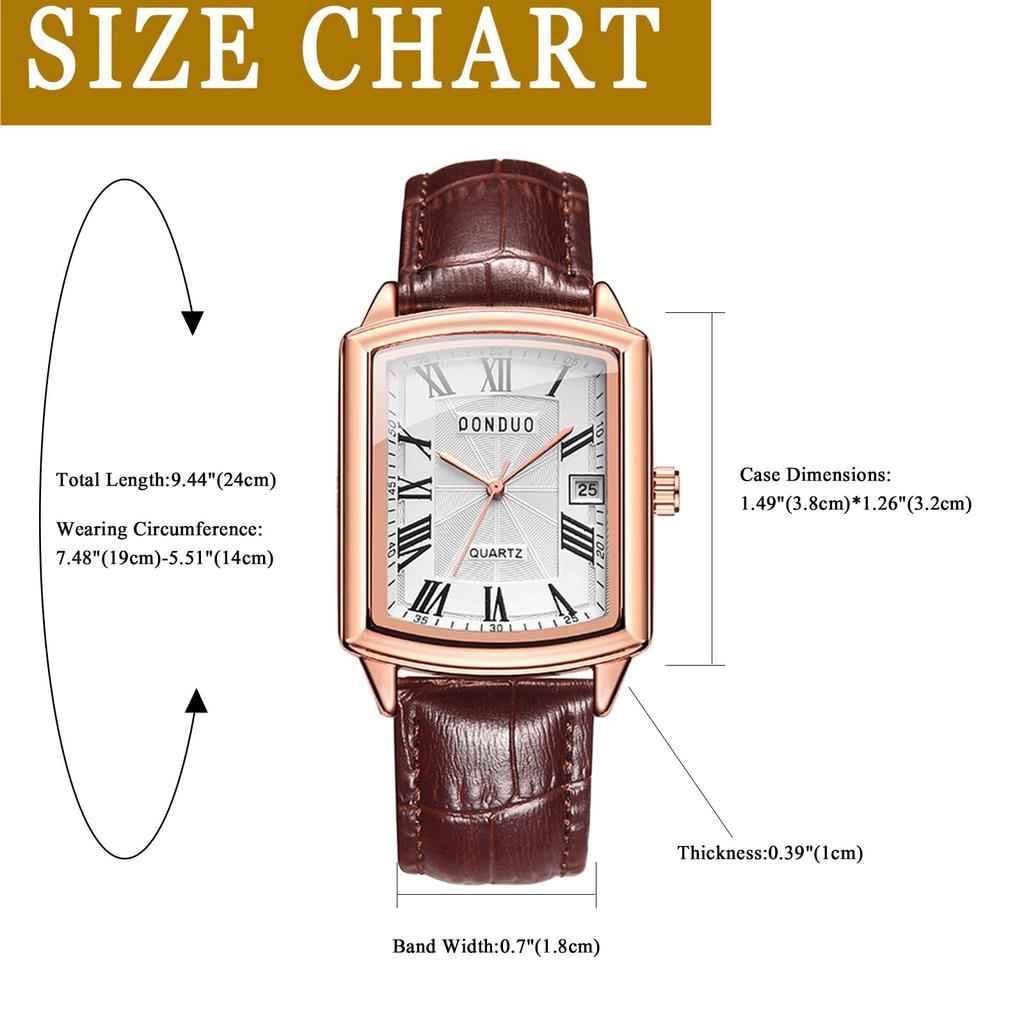 Square Watch with 3ATM Water Roman PU Leather Quartz Casual and Business Simple and Stylish Fashion Accessory Perfect Gift for and Day Men's Calendar,