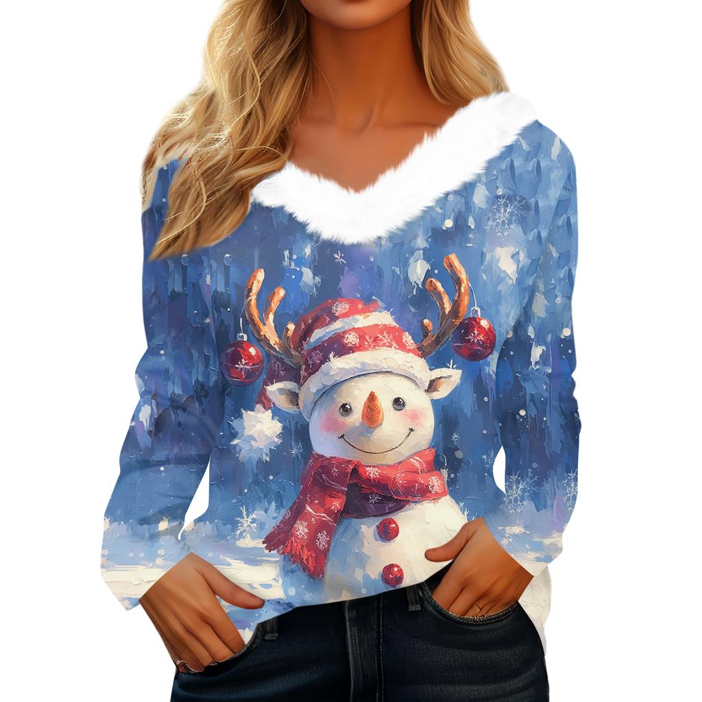 Women's Christmas Printed Long Sleeved Party Plush Neck V-neck Top