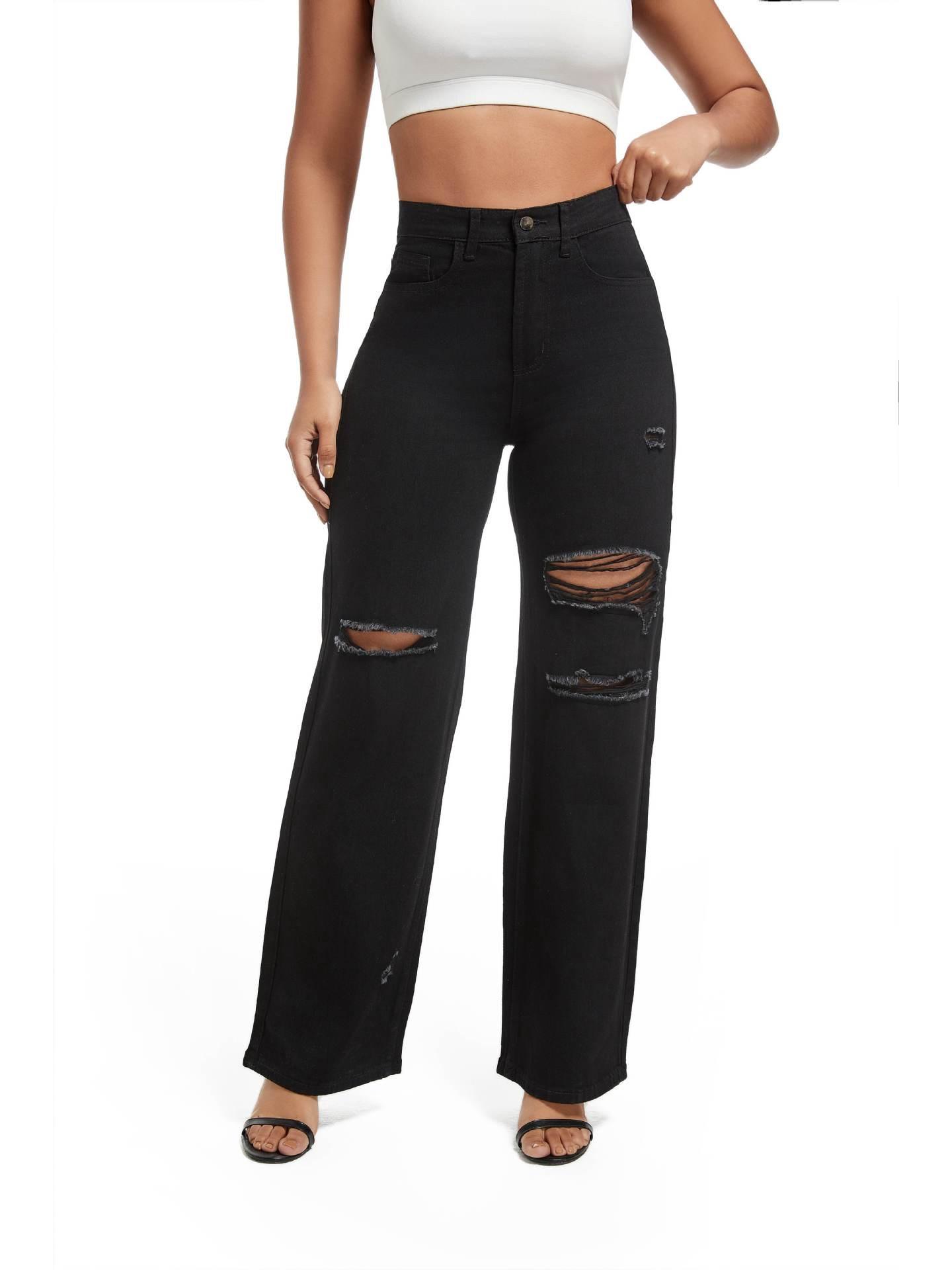 

2024 High-Quality Women s Wide-Leg Ripped Jeans XS чорний