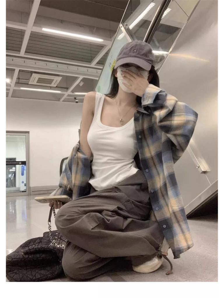 Korean Style Plaid Turn-Down Collar Long Sleeve Women's Shirt - Spring/Summer Casual Loose Mid-Length Sun Protection Top