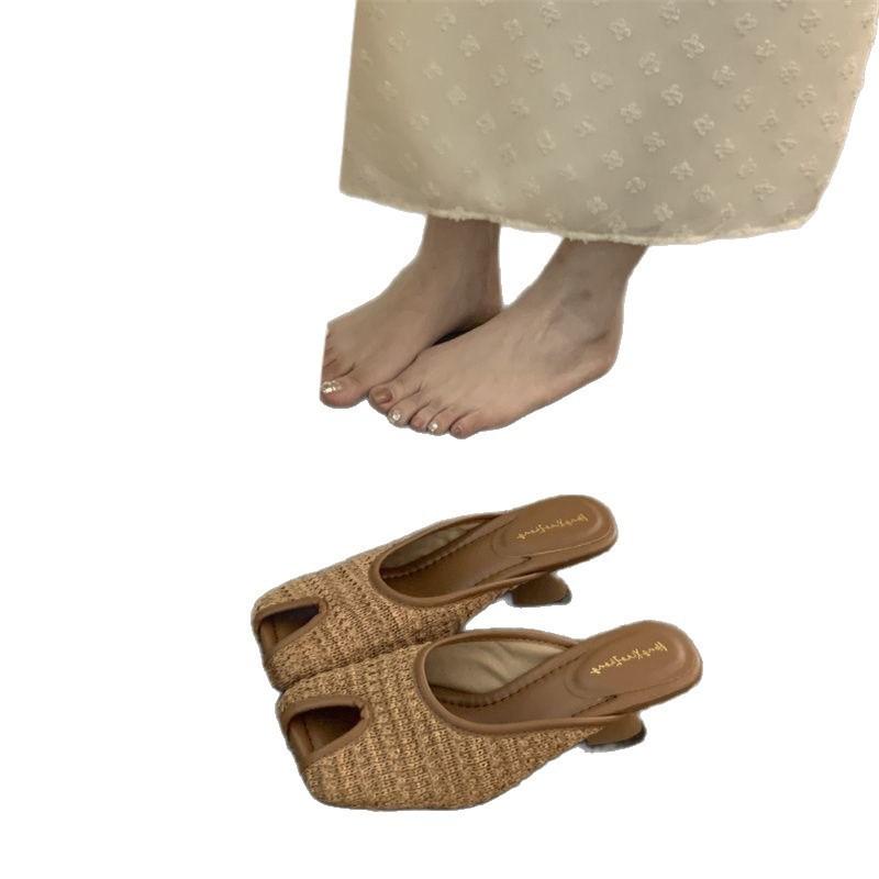 High Heel Niche Bohemian Women's Outer Wear Summer Vacation Woven Coarse Heel Baotou Sandals Khaki