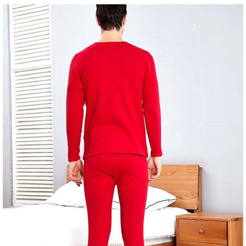 Hengyuanxiang Men's Red Pure Cotton Thermal Underwear Set (Round Neck)