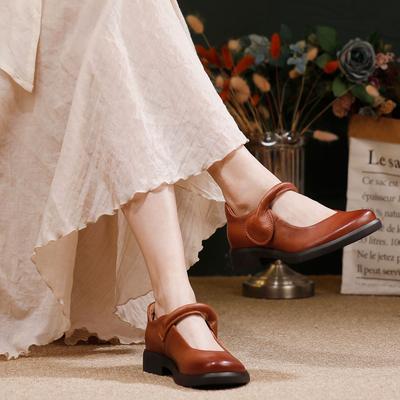 Retro Genuine Leather Women's Shoes Soft Soled Comfortable All Season Mid Heel Pumps