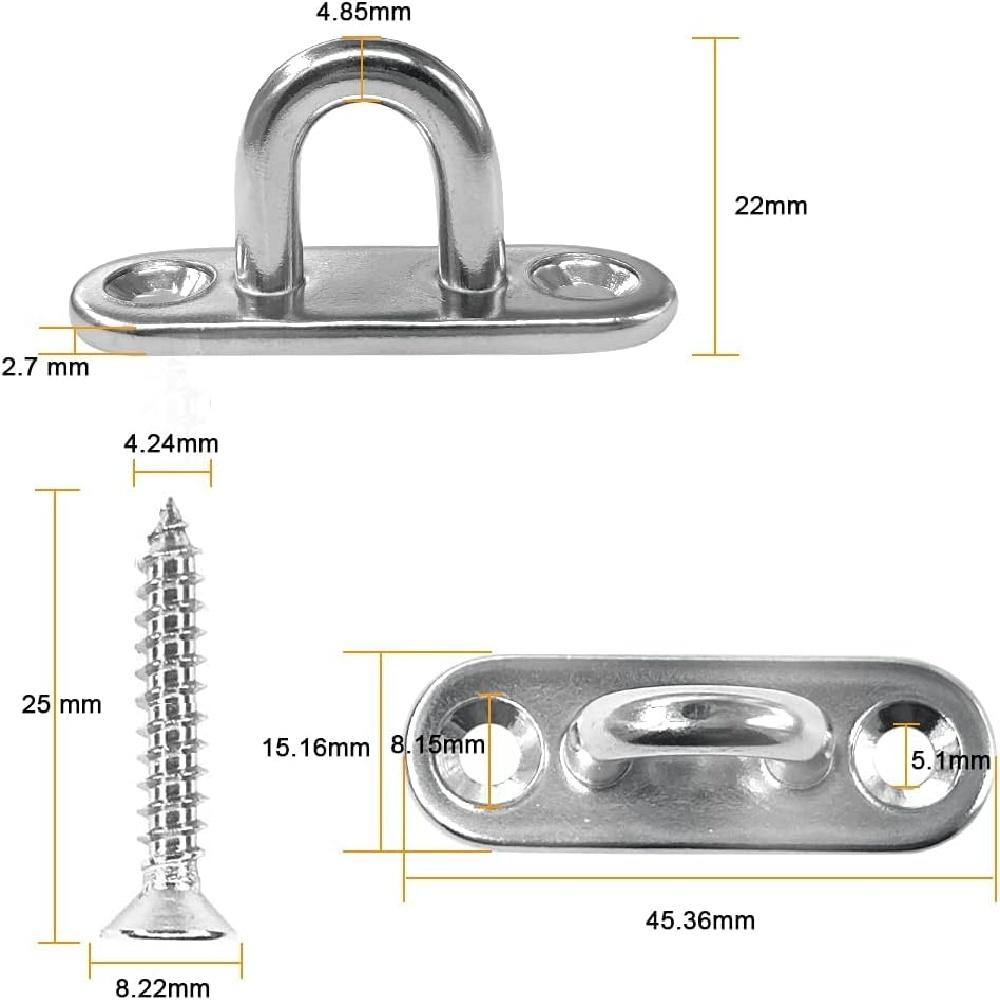 8-Piece Stainless Steel Eye Plate U-Hooks Set – 1.8" Marine Hooks With Snap Hooks & Screws – 40kg Capacity For Ceiling, Wall, Boat, Hammock
