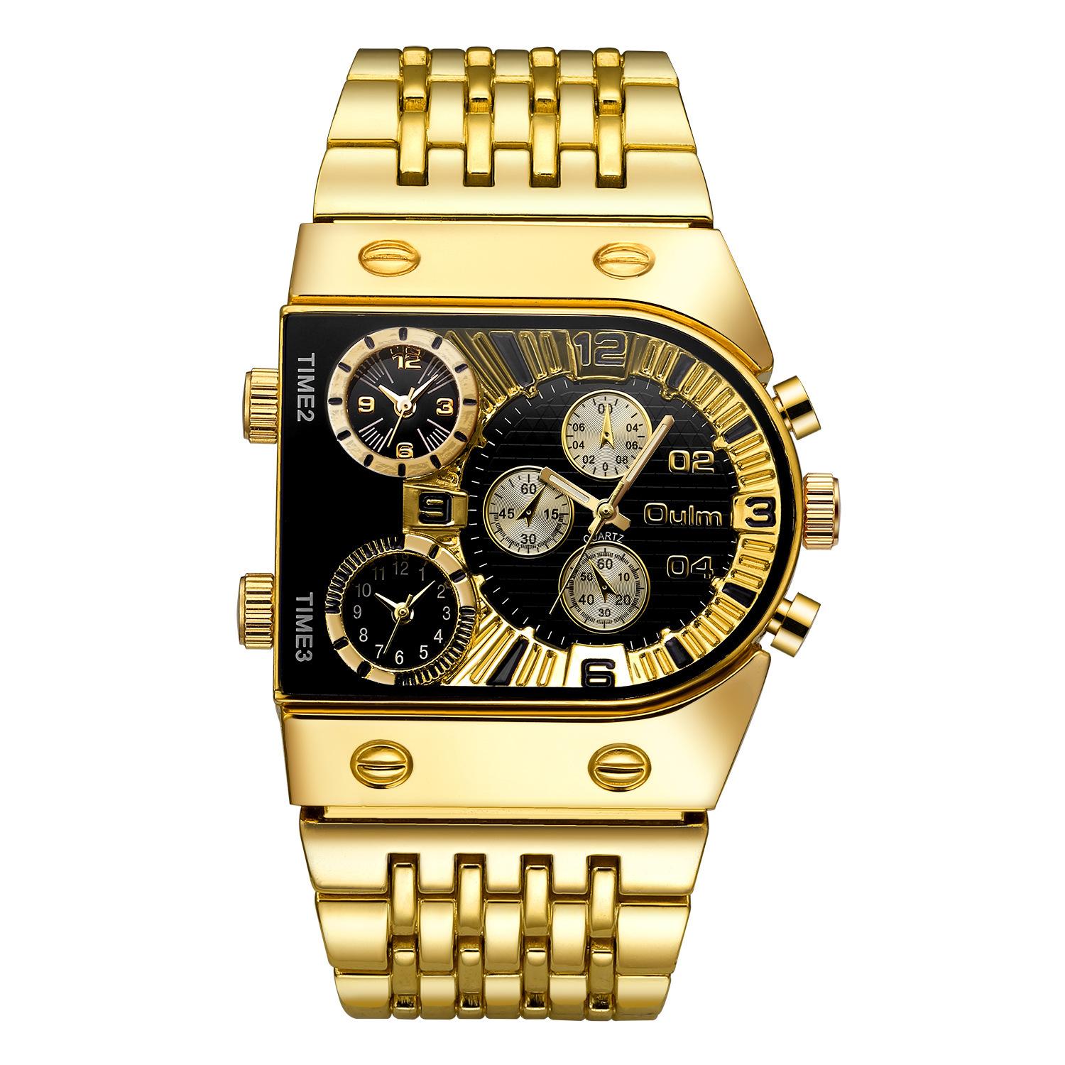 Oulm Oulum Multi-Time Zone Large Dial Luminous Men S Watch Steel Strap Casual Quartz Watch Gold