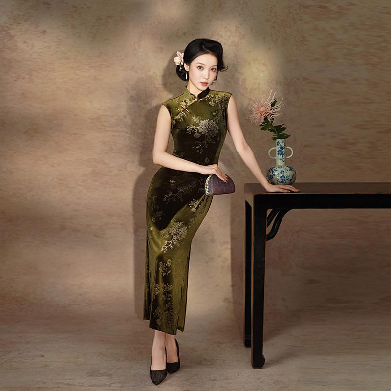 Green velvet sleeveless new Chinese Suzhou autumn cheongsam improved young 1011 new women's high-end spring and autumn