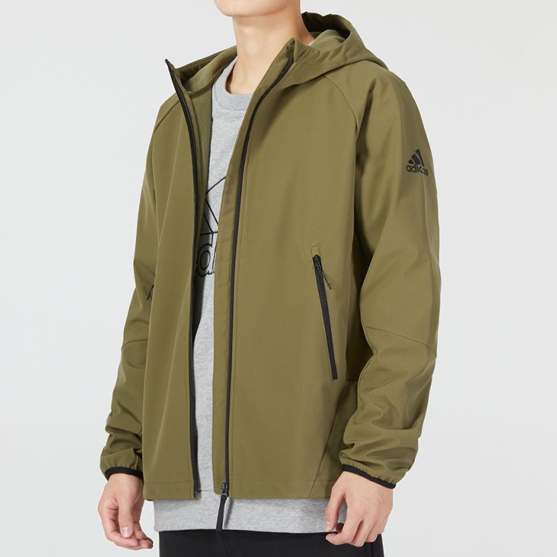 Adidas Solid Color Sleeve Print Logo Zip Hoodie Jacket Men Outerwear Military-Green HN2057