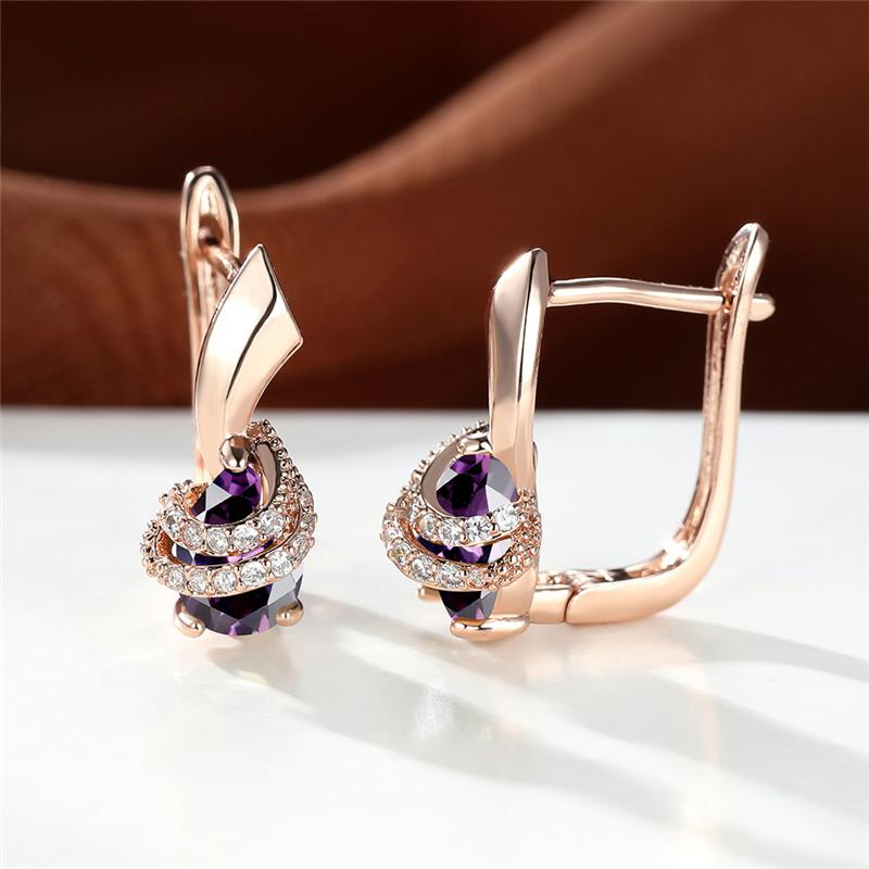 1 Pair Rose Gold Color Teardrop Cut Purple Zircon Drop Earrings Vintage Wedding Jewelry