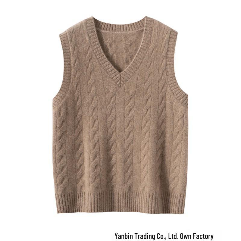 Pure Cashmere V-Neck Cable Knit Vest for Autumn & Winter