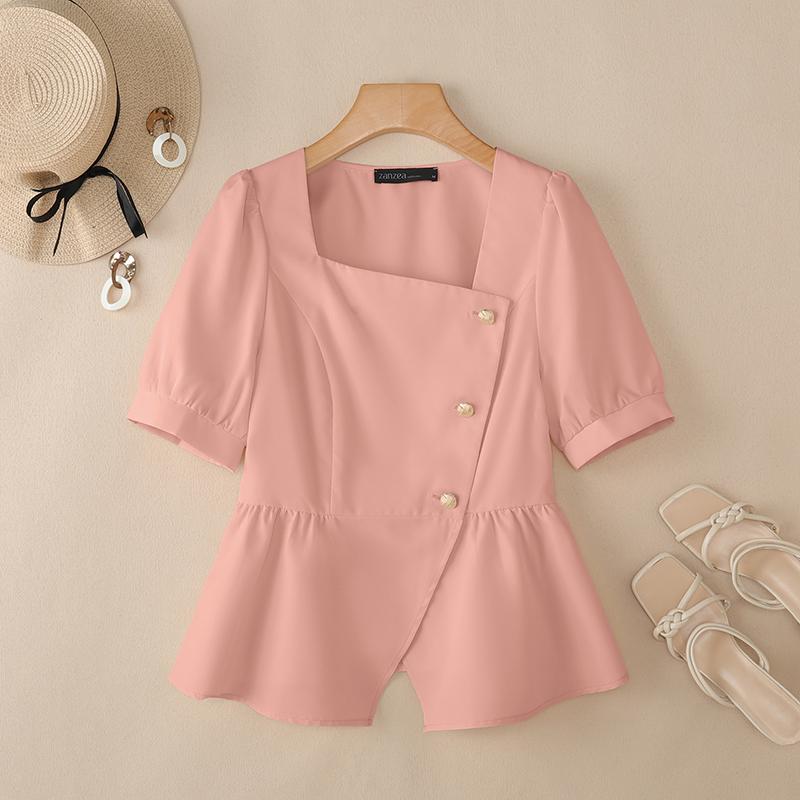 

ZANZEA Женская летняя блузка с квадратным вырезом и короткими рукавами, приталенная 5XL розовый