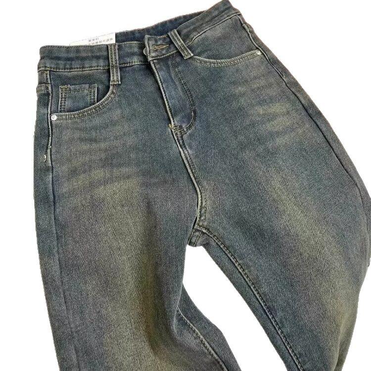 Calças de Jeans Micro-Flare Femininas Retro de Alta Qualidade Plus-Size de Inverno - Calças Não Justas, Comprimento Chão