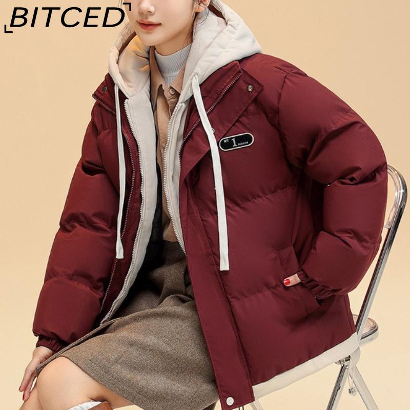 BITCED Pseudo-Two-Piece Cotton Coat Unisex Winter Fashion Contrast-Colour Hooded Sweatshirt Thickened Warm Cotton Jacket