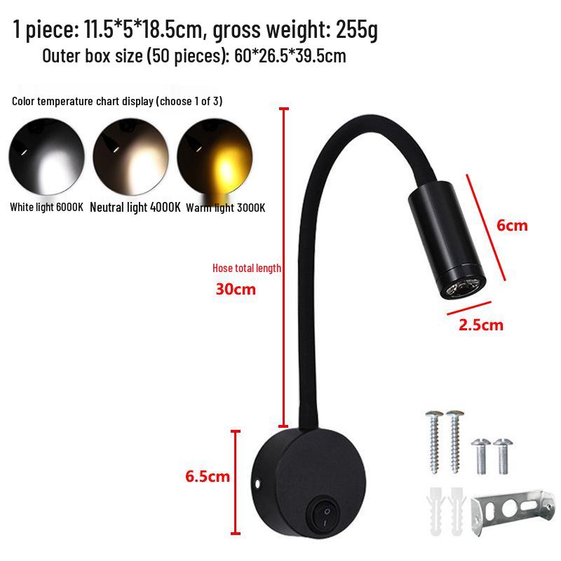 3W LED Gooseneck Reading Lamp, Wall-Mounted Bedside Spotlight