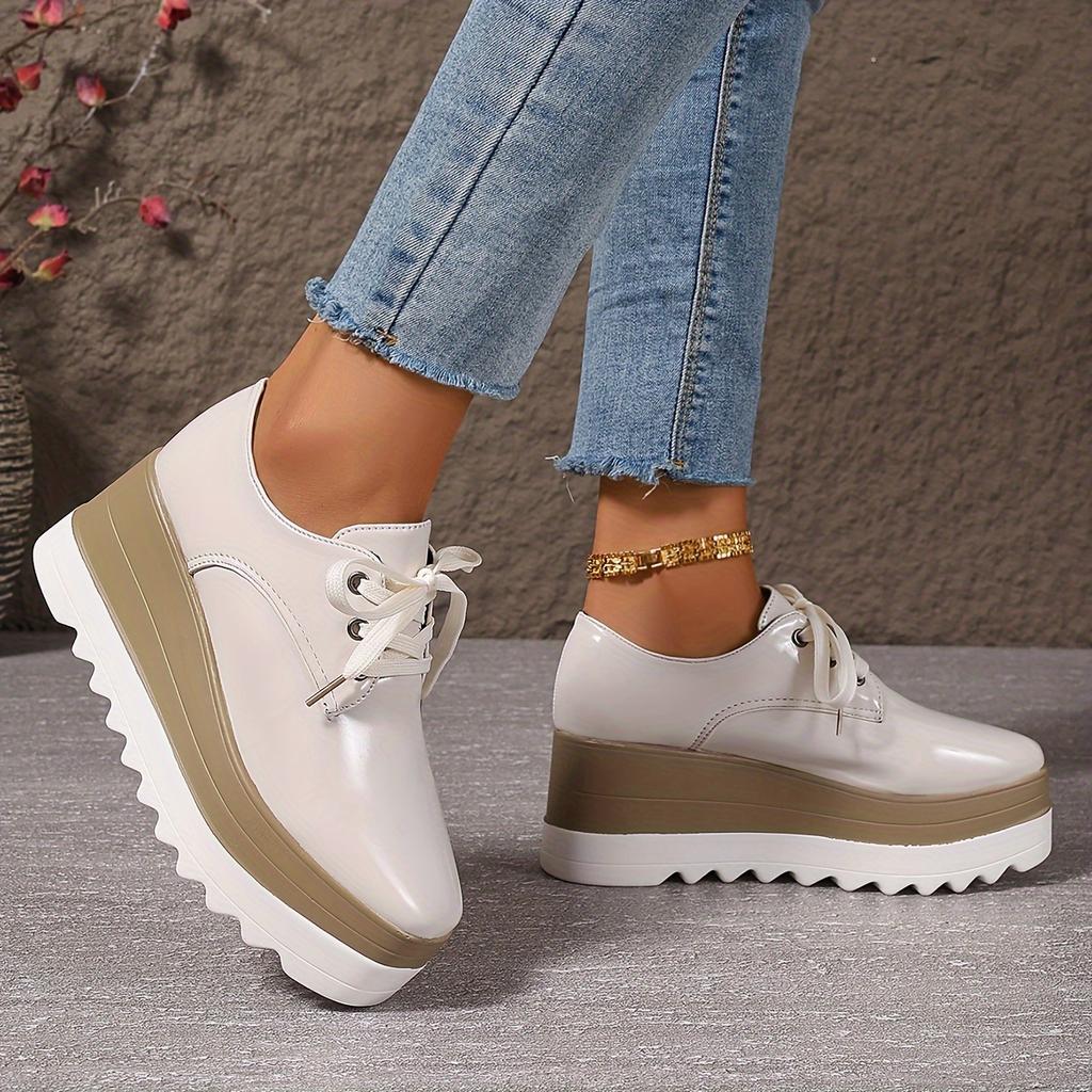 Scarpe con Plateau e Punta Quadrata Stile Britannico per Donna Suola Spessa Rialzanti Snella Antiscivolo Leggere Scarpe All-Match con Lacci