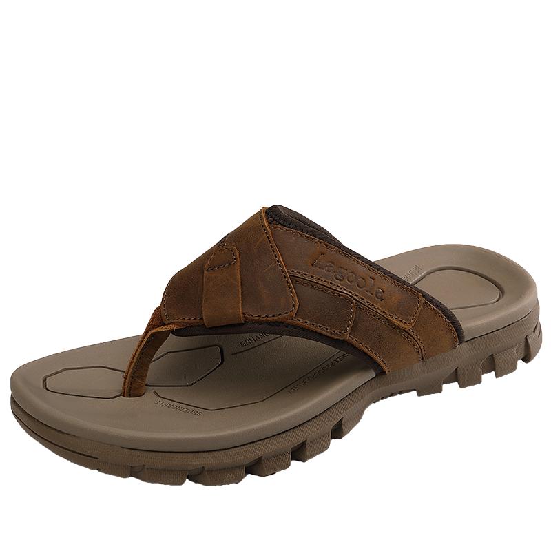 Fashion Solid-color Lightweight Men's Leather Flip-flops  Summer Casual Anti-slip Slippers  Outdoor Comfortable Soft-soled Flat Slippers