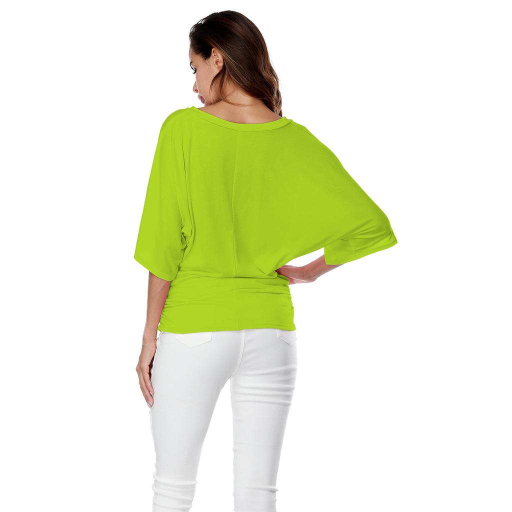 Large Size Top Women's Solid Loose Bat Sleeve V-neck Short Sleeve T-shirt