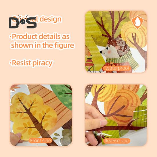 Cartoon Static Window Cling Maple Leaves Fox Animal Sticker Rustic Waterproof Non-Adhesive Sticker Glass Cling for Bedroom Children's Room Bathroom