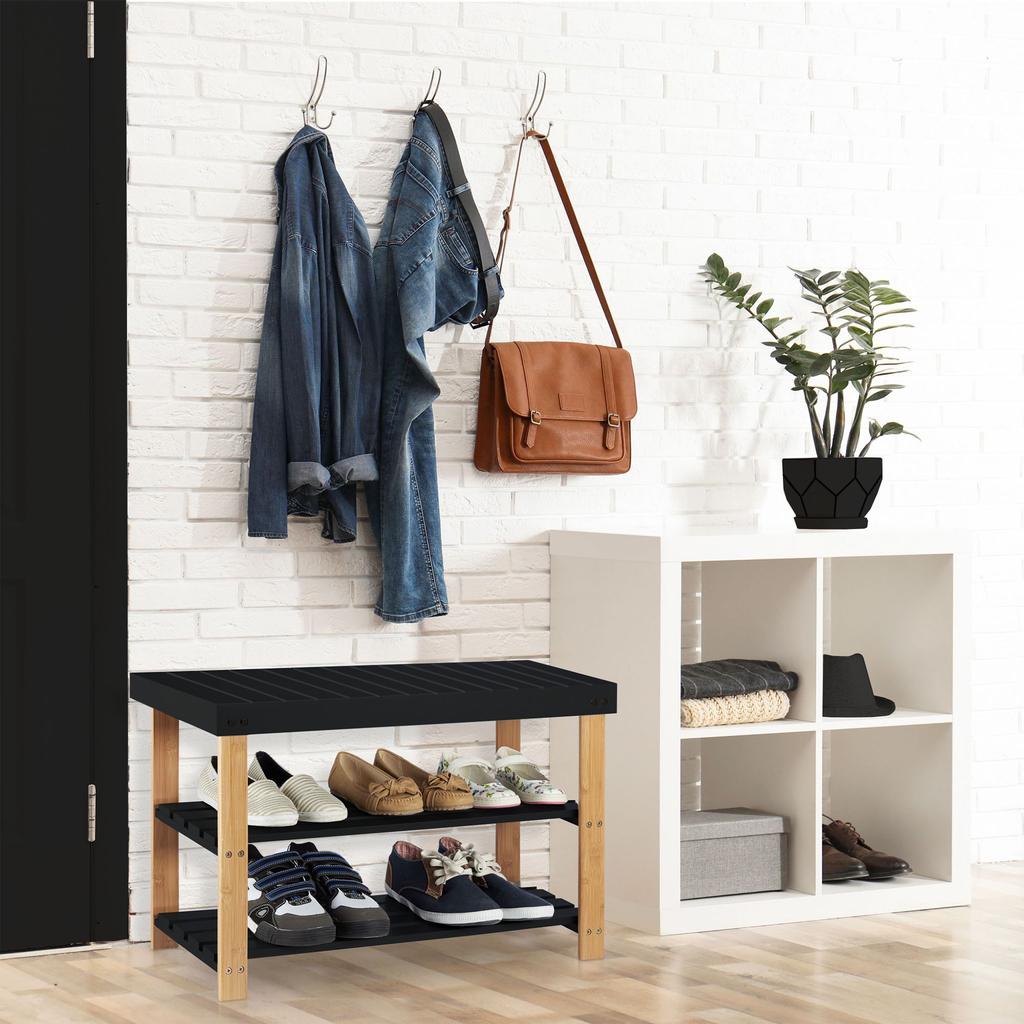 Milos Shoe Rack Bench With Shelves - Black