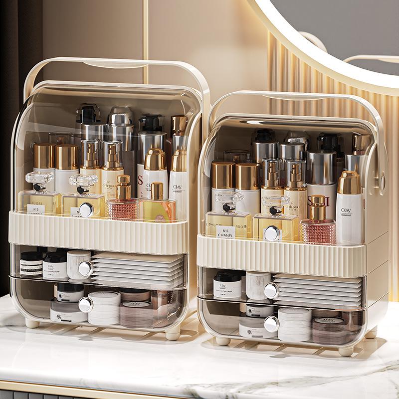Large Capacity Dustproof Cosmetic Storage Box with Desktop Drawer for Skincare and Makeup