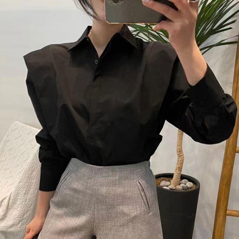 Korean Chic Vintage Simple Shirt Turn Down Collar Button Ruffles Autumn Long Sleeve Shirt Tops Women Blouse Loose Clothes 28471