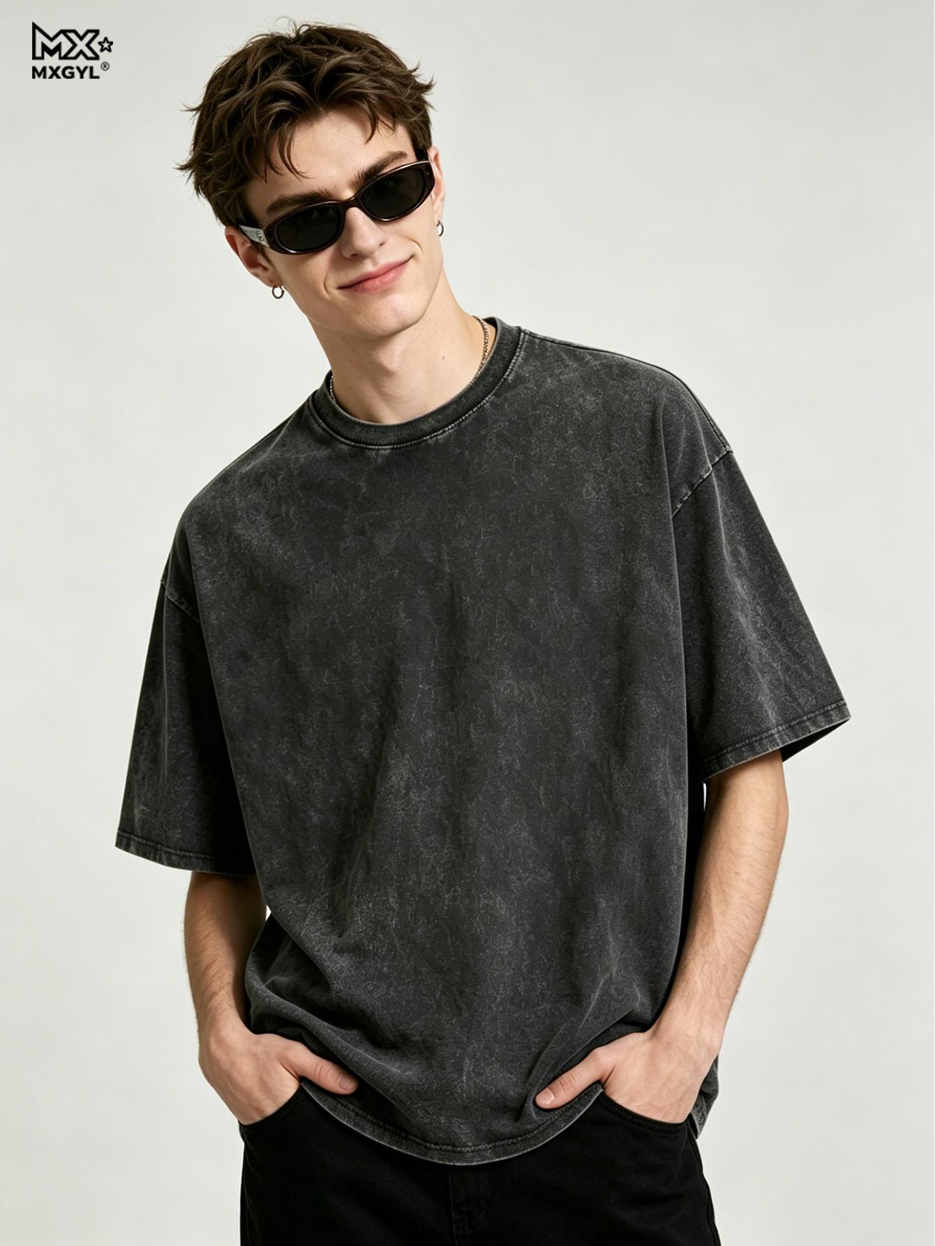 Mingxin clothing Heren 100% Katoen Zuur Gewassen T-shirts Effen Custom Print Vintage Tee Gewassen Oversized T-shirt Tops Harajuku Streetwear Top XXXL zwart
