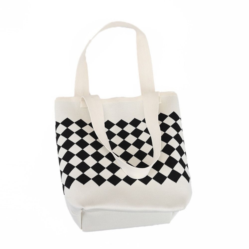 Rhombus Knitted Knitted Shoulder Bag Comfortable Handle Plaid Women's Handbag Portable Large Capacity Crochet Tote Bag Outing