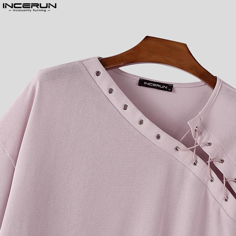 INCERUN Men Short Sleeve Bandage Texture Casual Loose T-shirts Tops