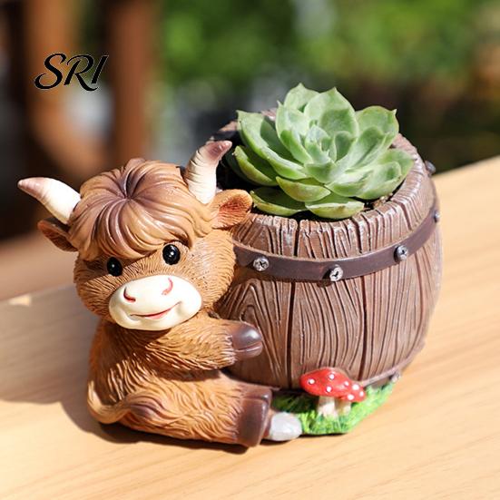 Dekorativní Mini Květináč Kráva ze Skotské Vysočiny Květináč Roztomilé Zvířátko Pryskyřice Květina s Drenážním Otvorem Parapet Malý Skotský pro Boho Domácnost Stůl Terasa