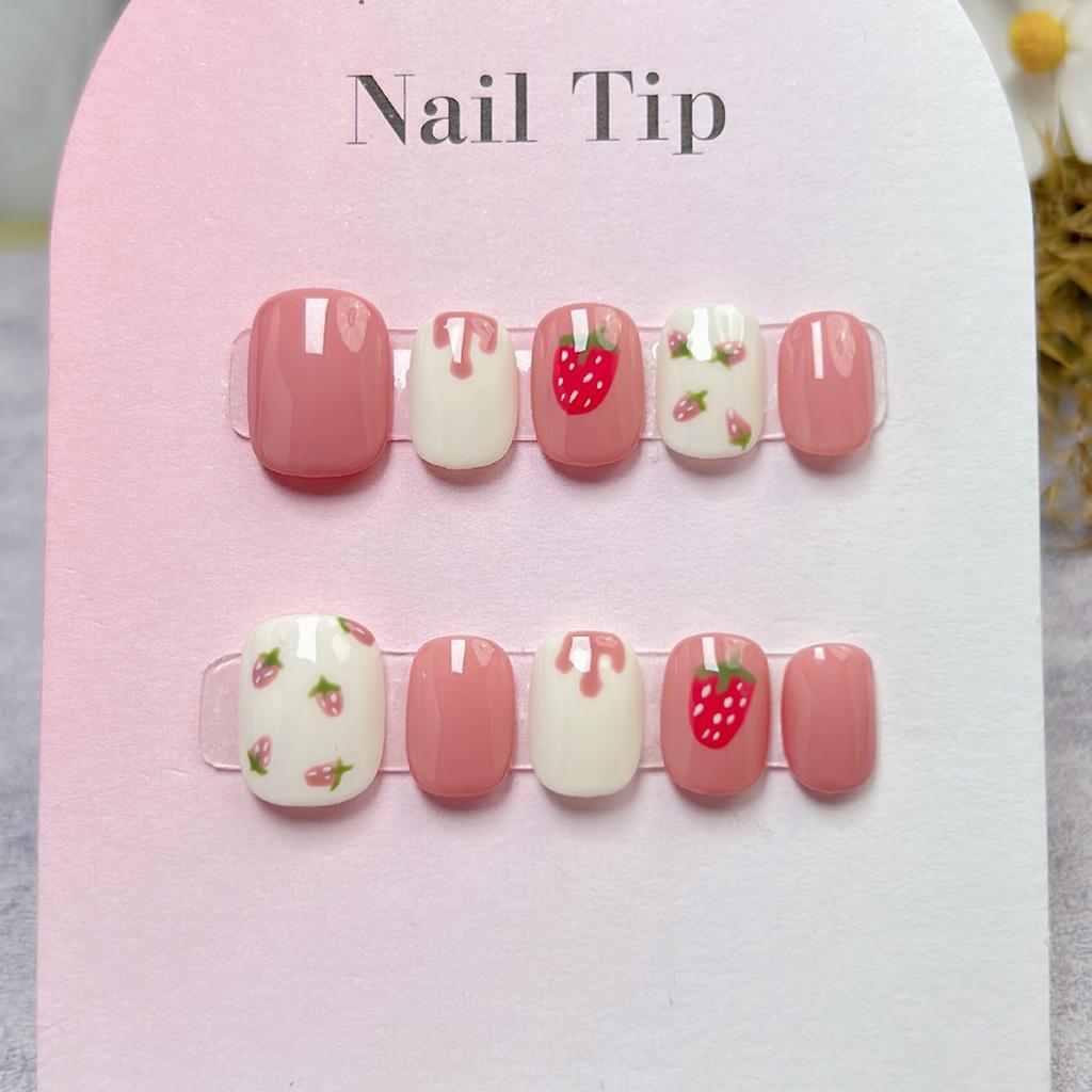 Pink Short Fake Nails with Strawberry Printed Ultra-flexible Long Lasting Fake Nails for Shopping Traveling Dating