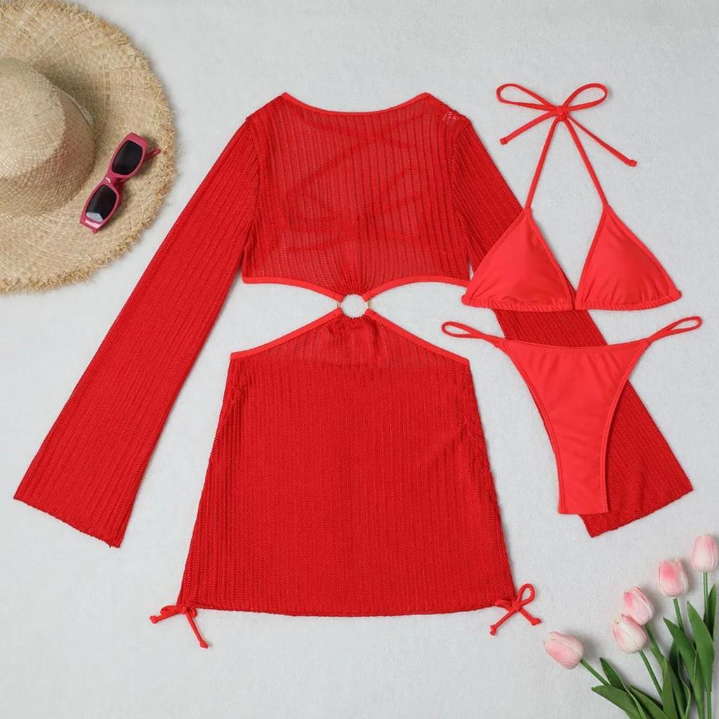 With Long Sleeve Cover Up Halter Bikini Women Swimwear Female Swimsuit Three-pieces Bikini set Bather Bathing Suit Swim