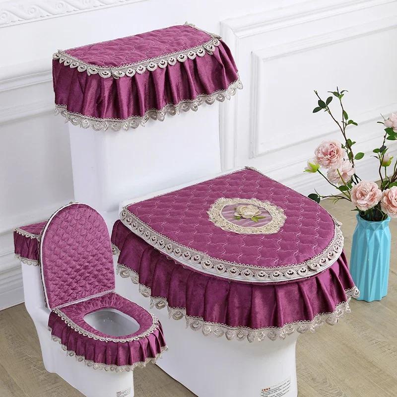 3PCS Velvet Skirt Style Toilet Mat Embroidered Lace Decorated Toilet Seat Mat Printed Dust Cover of Toilet Closestool