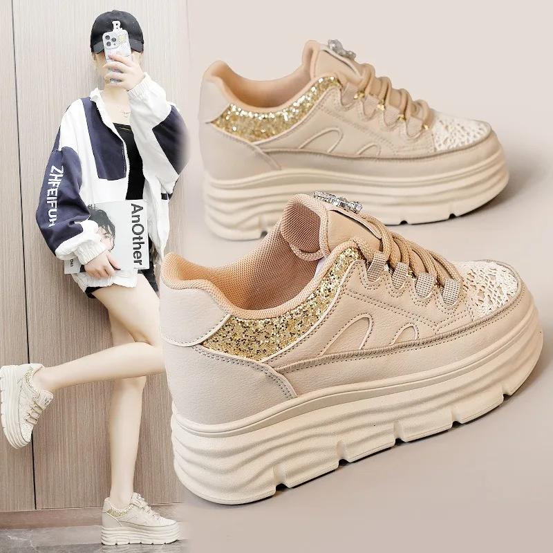 Fashion 2024 Autumn Chunky Casual Shoes For Woman Outdoor Elasticity Sports Shoes Vulcanized Shoe College Student Solid Durable Sneakers