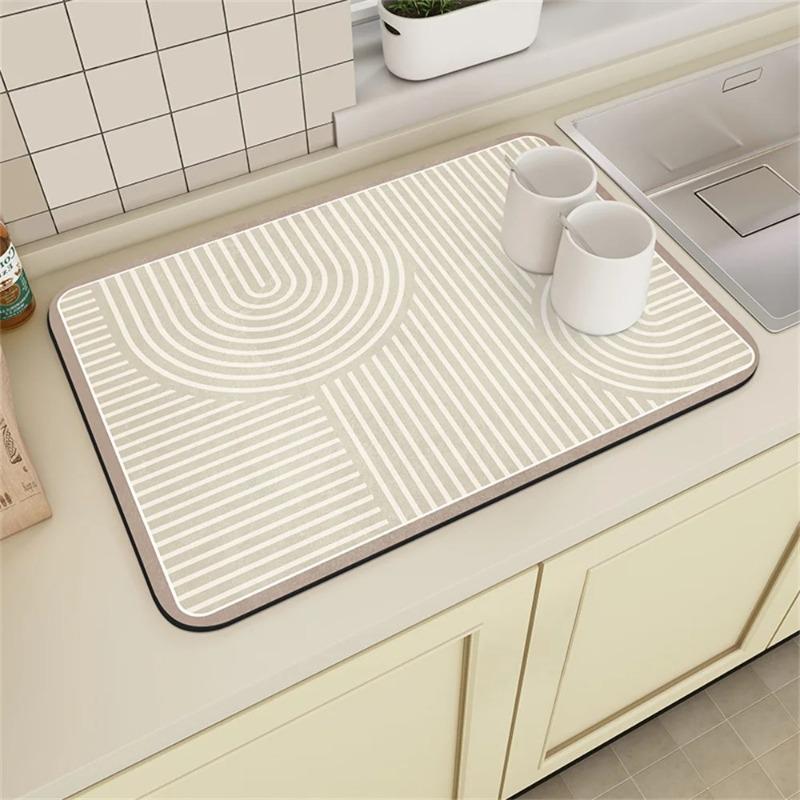 Coffee Machine Drain Mat Kitchen Countertop Cup Absorbent Mat Cream Lines Simple Table Diatomaceous Washable Dry Non-slip Mat