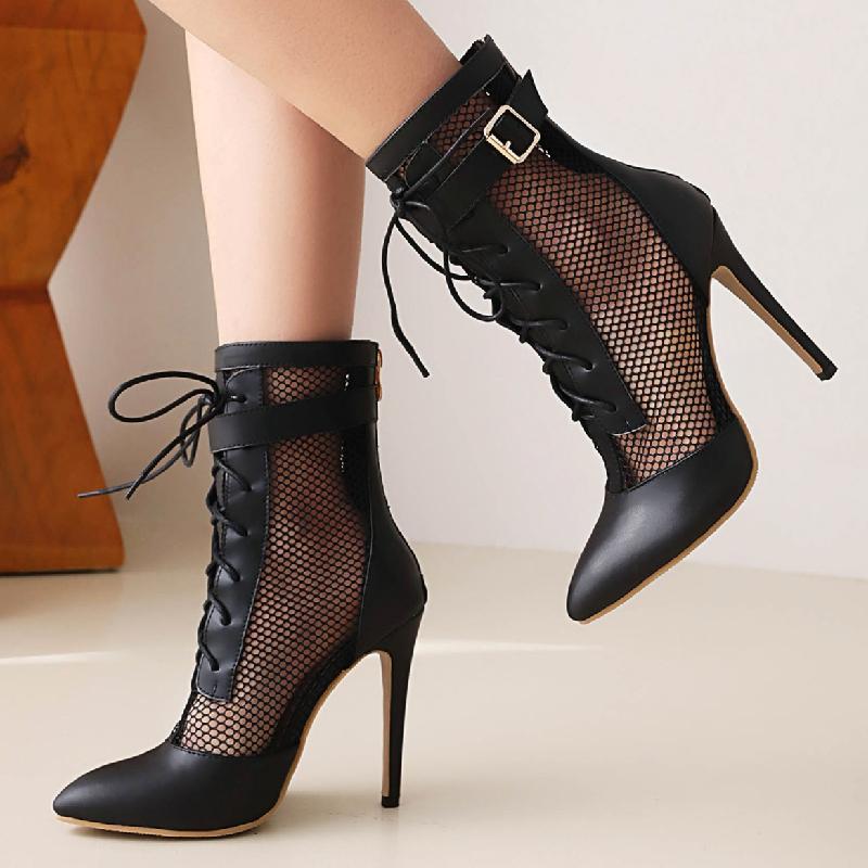 Moda Moda Lato Buty Damskie Buty Seksowne Point Toe Botki Czarno Białe Wysokie Obcasy Sznurowane Impreza Taniec Buty Damskie Duże Rozmiary