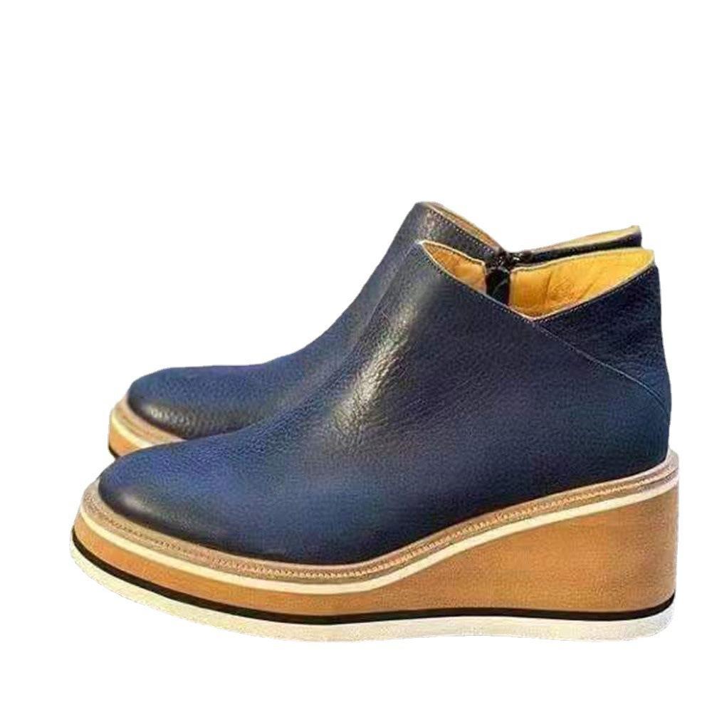 Large size wedge heel short boots women's autumn and winter new flat bottom side zipper shallow mouth bare boots