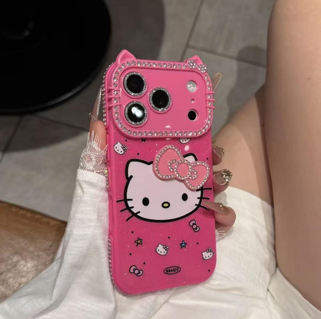 Cartoon Flash Diamond Bow Cat for iPhone17Pro Mobile Phone Case Apple 16promax Cute 15 New