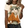 Maglietta da donna alla moda con stampa di gatto carino, divertente, casual, con scollo a V e maniche corte, estiva.