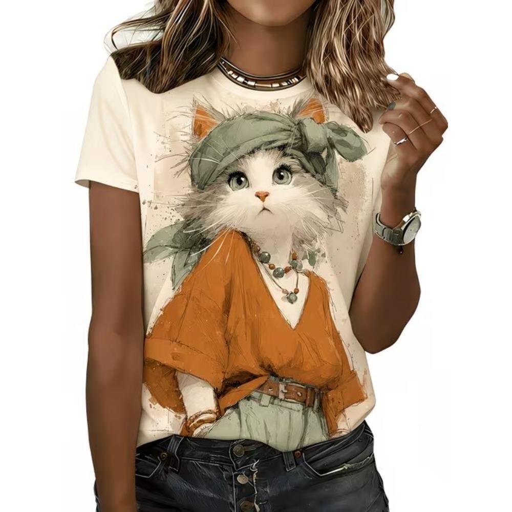 Maglietta da donna alla moda con stampa di gatto carino, divertente, casual, con scollo a V e maniche corte, estiva.