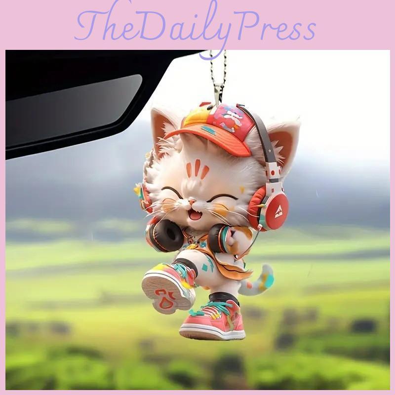 Cute Listening To Music Colorful Cat Pattern, Acrylic Pendant For Fun Vehicle Accessory