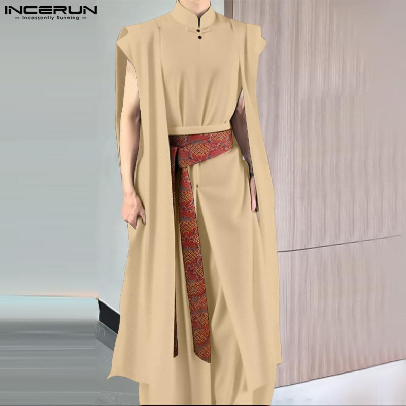 INCERUN Men Sleeveless Layers High Splits Ribbon Belt Casual Long T-shirts Tops