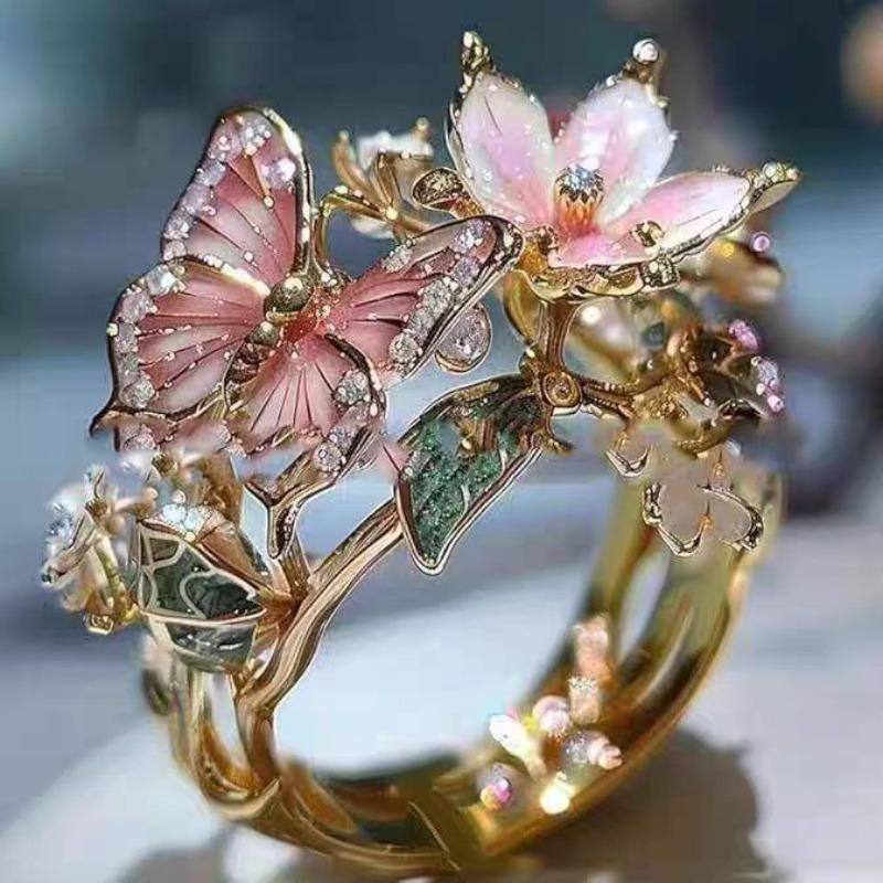 Exquisite Glittering Diamond-drop Oil Butterfly Flower Ring - Sweet, Sophisticated, with A Touch of Uniqueness, Suitable for Daily Wear, for Women.