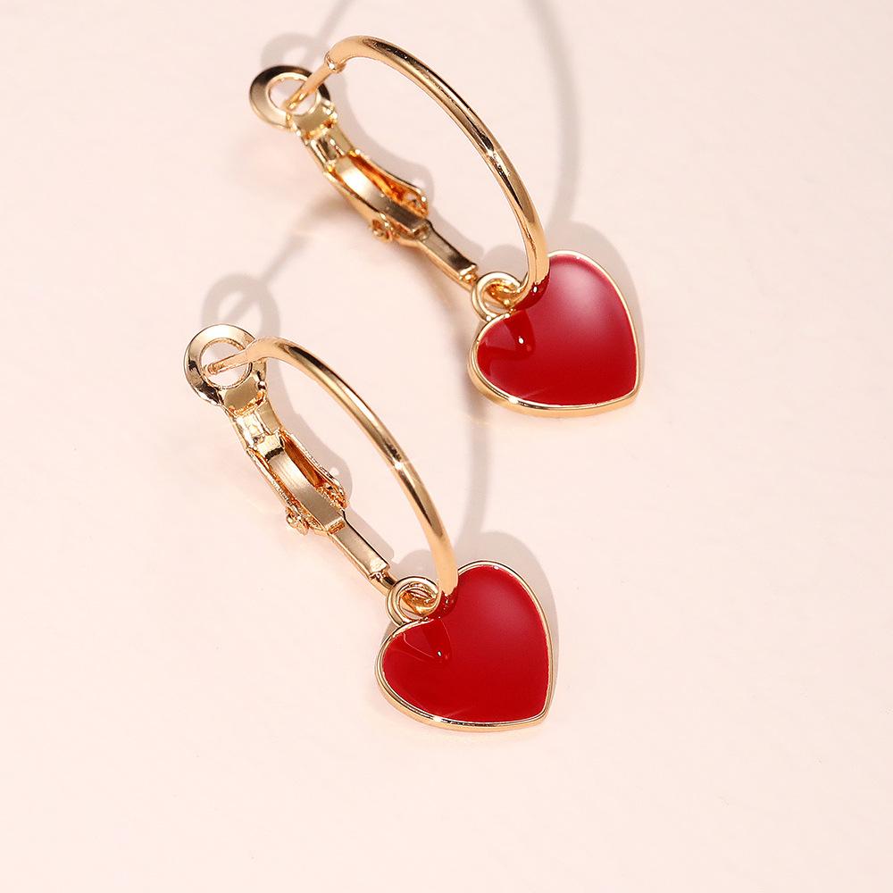 Gold Plated Red Enamel Heart Hoop Earrings, Dainty Love Charm Drop Earrings for Women