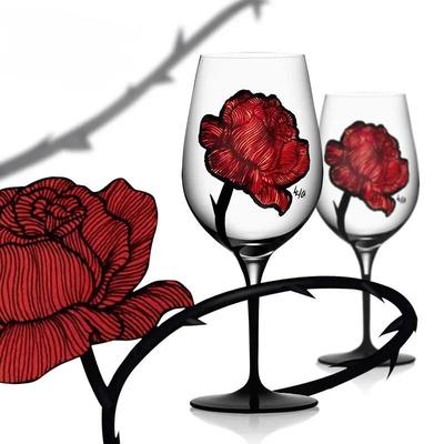 1pcs Hand Drawn Red Rose Patterned Cup Wedding Red Wine Champagne Glass Valentine's Day Wedding Rose Pattern Glass Wine Glass