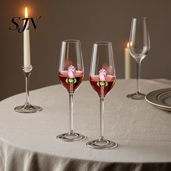 Bicchieri di Lusso per Feste Bicchiere da Vino Rosso con Rose e Foglie Verdi Decorato, Calice Trasparente Squisito Design Floreale, Bicchiere Decorativo,