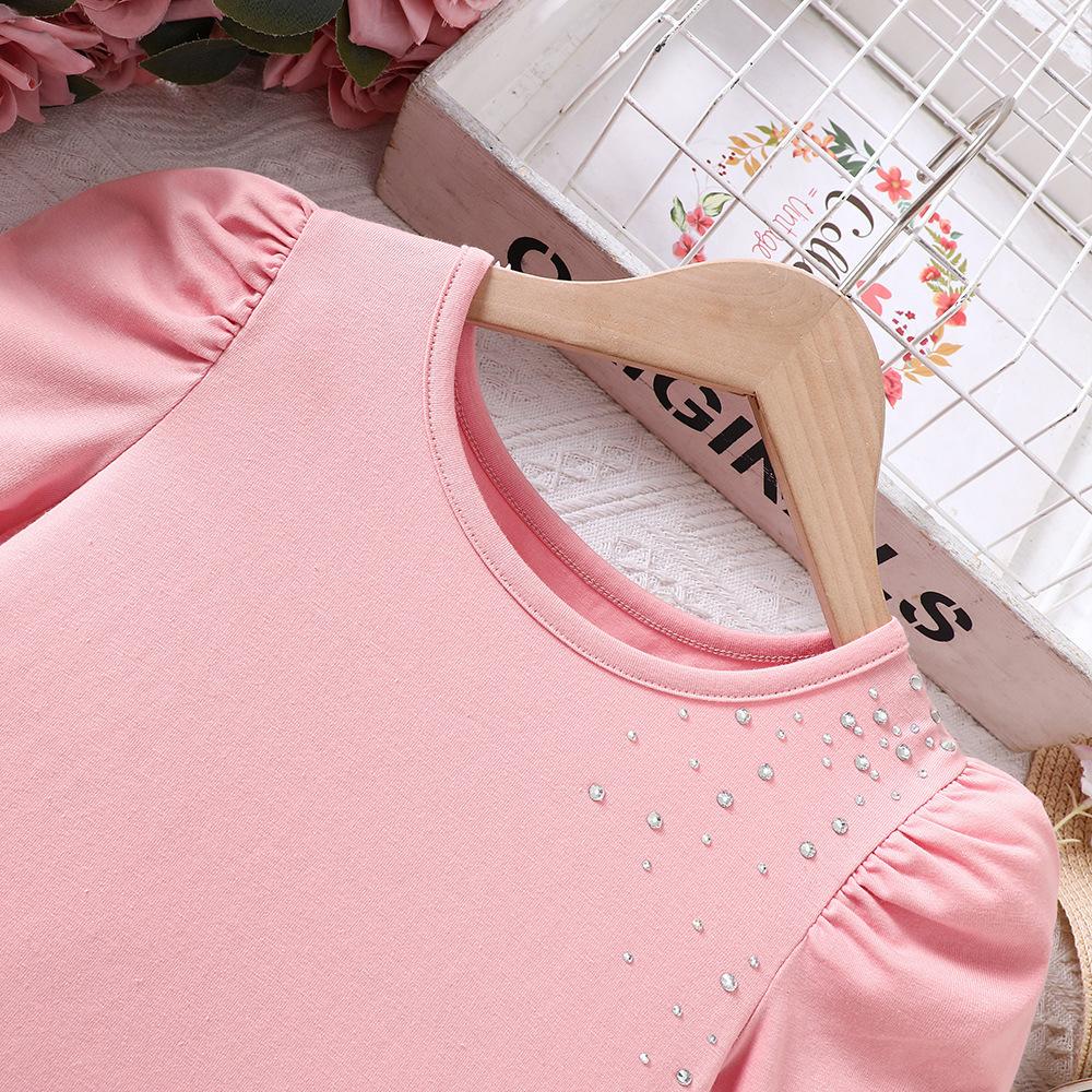 8-12Y Children's Casual Suit Girls Spring and Summer Girl Trousers Set New Bubble T-shirt + Shorts Set 2pcs